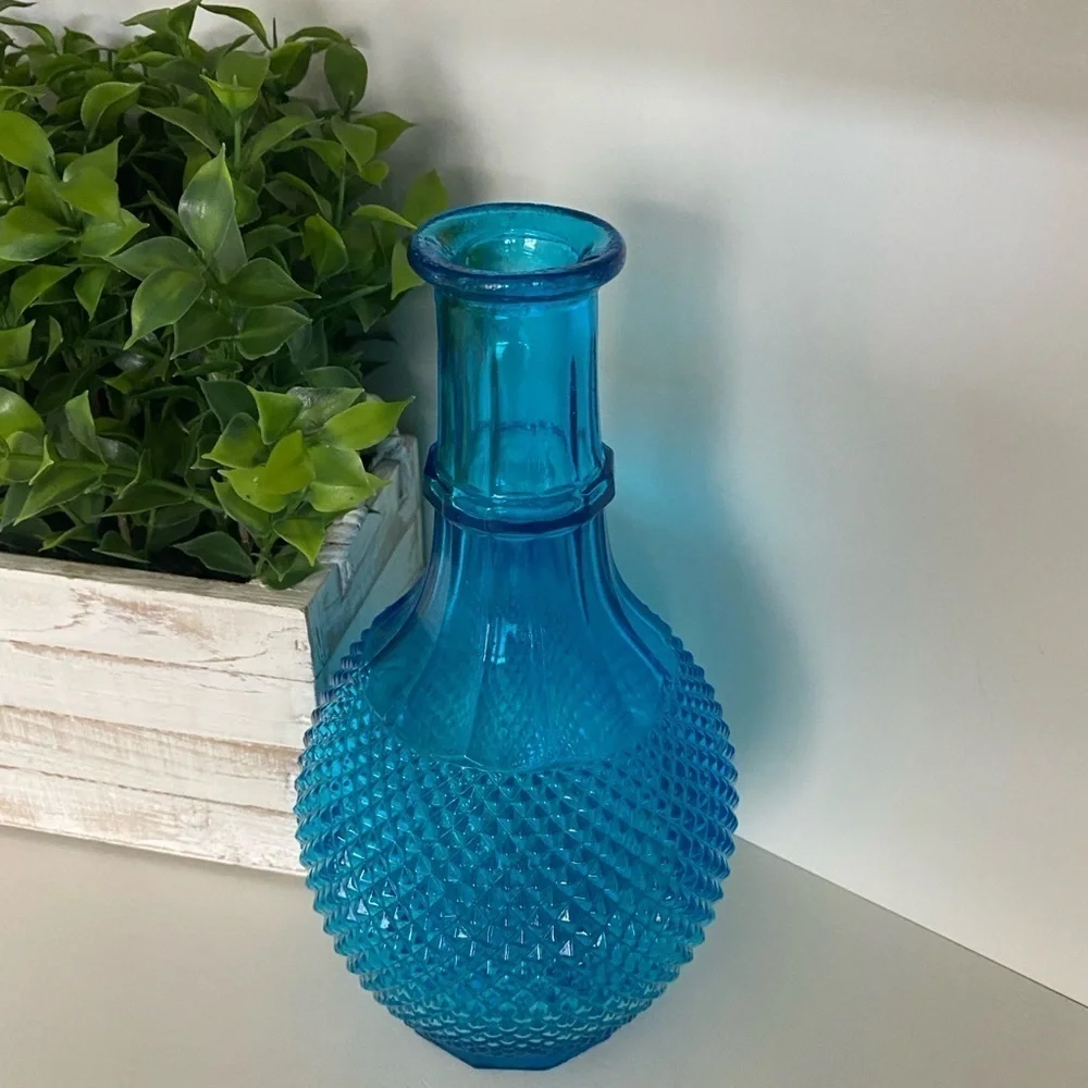 Blue Glass Diamond Point Cut Hobnail Glass Decanter No Cover